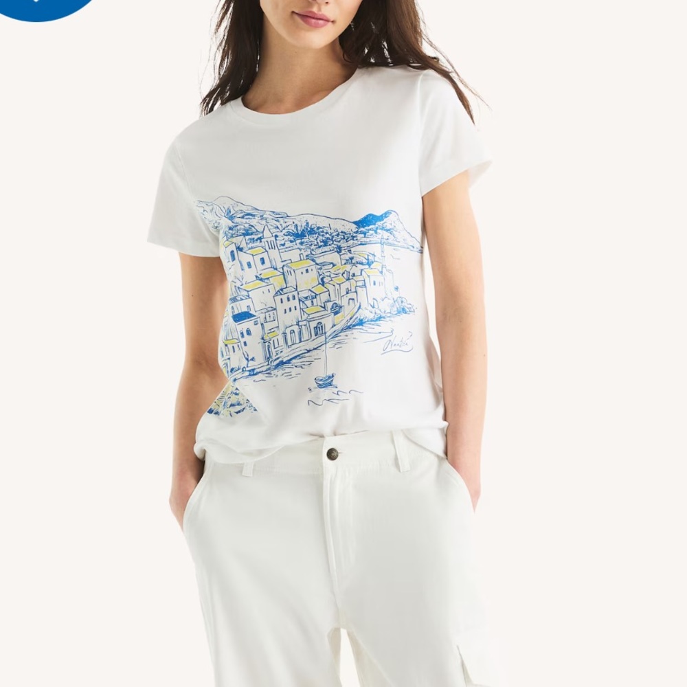 🆕 Nautica White Tee Scenic Blue Print M Graphic T-Shirt Italy Cotton Jersey
